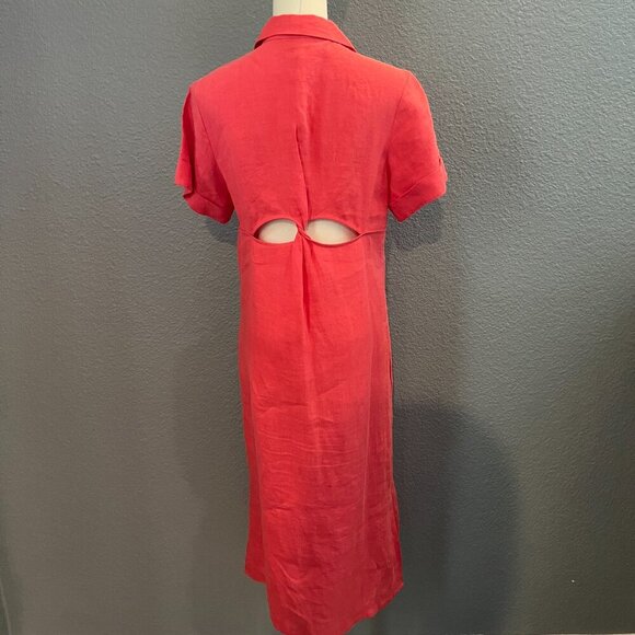 MAJE CUTOUT TWISTED BACK 100% LINEN MIDI BUTTON UP SHIRT DRESS in HIBISCUS  - 38 - Picture 11 of 15
